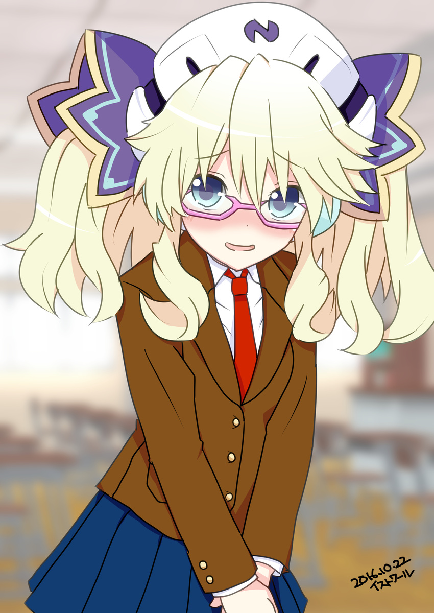 2016 absurdres blazer blonde_hair blue_eyes character_name dated glasses hair_ornament hat highres histoire jacket kisaragi_(kisaragi0930) long_hair looking_at_viewer necktie neptune_(series) open_mouth solo twintails