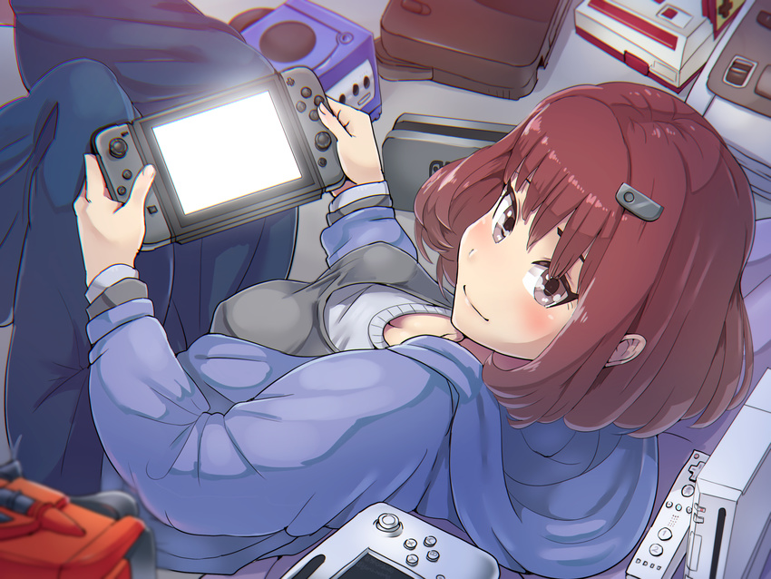 blush boris_(noborhys) brown_eyes brown_hair controller famicom game_console game_controller gamecube gamepad grey_eyes hair_ornament hairclip handheld_game_console highres holding hood hood_down hoodie joy-con looking_at_viewer looking_back nintendo nintendo_64 nintendo_switch nintendo_switch_dock original playing_games red_hair smile solo super_famicom virtual_boy wii wii_remote wii_u wii_u_gamepad