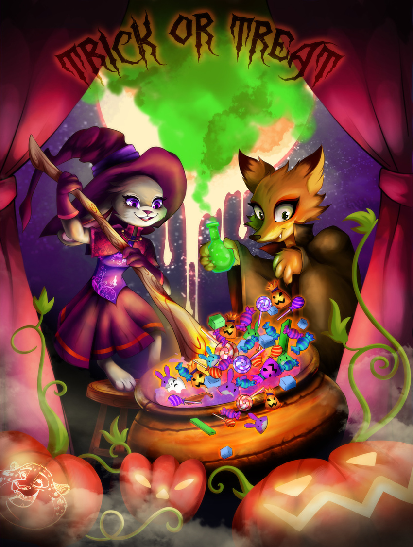 2016 anthro artist-apprentice587 candy canine clothed clothing curtains disney female food fox fruit halloween hat holidays judy_hopps lagomorph magic_user mammal nick_wilde potion pumpkin rabbit smoke teeth text vampire vines witch zootopia