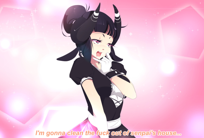 2015 abstract_background animal_humanoid black_hair breasts caprine clothing curled_horns dialogue english_text female gloves glowing glowing_eyes hair hair_bun half-length_portrait humanoid long_hair maid_uniform mammal pink_eyes portrait sheep sheep_humanoid smile solo sticky_(character) stickysheep subtitled text uniform