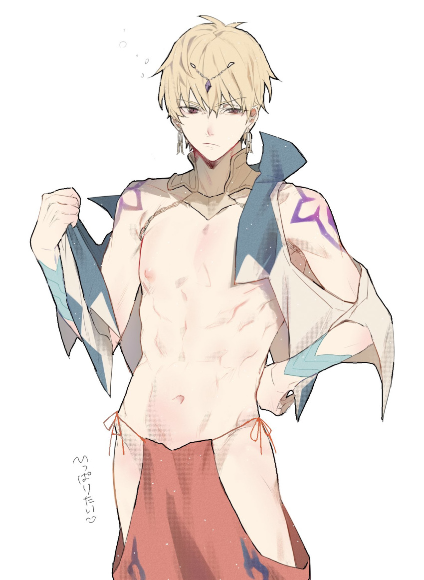 1boy abs arabian_clothes bare_chest blonde_hair circlet cropped_jacket earrings fate/grand_order fate_(series) gilgamesh gilgamesh_(caster)_(fate) hand_on_hip highres hips holding jewelry male_focus nada_(_na_da) navel nipples pants red_eyes side_slit string tattoo toned toned_male