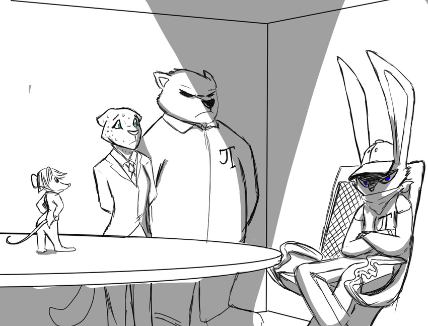 2016 anthro bear blue_eyes chair clothed clothing disney feline female group hat lagomorph male mammal mouse rabbit restricted_palette rodent sitting suit table thephantombeyond zootopia