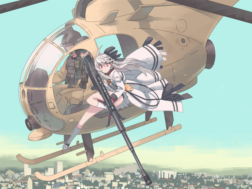 1girl 2boys aiming aircraft artist_request blue_sky city cloud flying girls_frontline helicopter helmet iws-2000_(girls_frontline) military military_uniform multiple_boys red_eyes sky soldier steyr_iws_2000 uniform white_hair