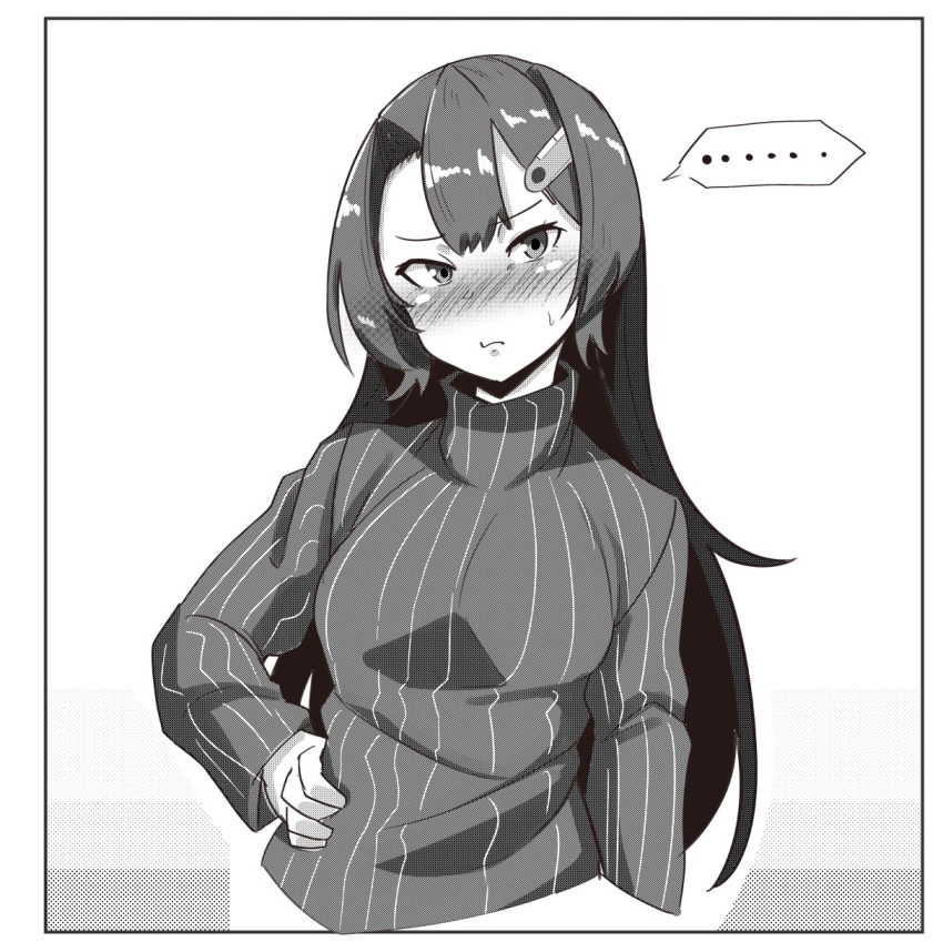 ... 1girl :t bangs blush breasts character_request closed_mouth commentary_request eyebrows_visible_through_hair greyscale hair_ornament hairclip hand_on_hip highres kantai_collection long_hair long_sleeves looking_at_viewer medium_breasts monochrome pout ryuun_(stiil) simple_background solo spoken_ellipsis striped striped_sweater sweater tsurime turtleneck turtleneck_sweater upper_body v-shaped_eyebrows