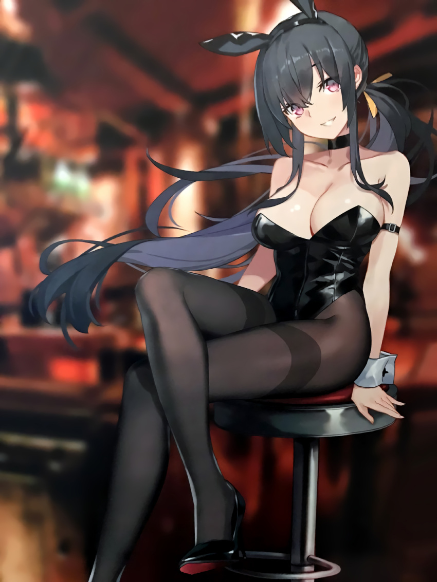 1girl animal_ears armlet arms_at_sides artist_request bar_stool bare_shoulders black_hair blurry blurry_background breasts bunny_ears choker cleavage collarbone copyright_request depth_of_field eyebrows_visible_through_hair fake_animal_ears hairband head_tilt high_heels highres large_breasts leotard long_hair looking_at_viewer low_twintails pantyhose parted_lips photo purple_eyes sidelocks sitting smile solo stool thighband_pantyhose twintails very_long_hair wrist_cuffs