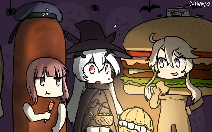 anchorage_hime bat blonde_hair blue_eyes brown_eyes cape commentary dated eating food ghost halloween halloween_costume hamburger hamburger_costume hamu_koutarou hat headgear highres iowa_(kantai_collection) kantai_collection multiple_girls open_mouth sailor_hat sausage shinkaisei-kan short_hair sidelocks star star-shaped_pupils symbol-shaped_pupils white_skin witch witch_hat z3_max_schultz_(kantai_collection)