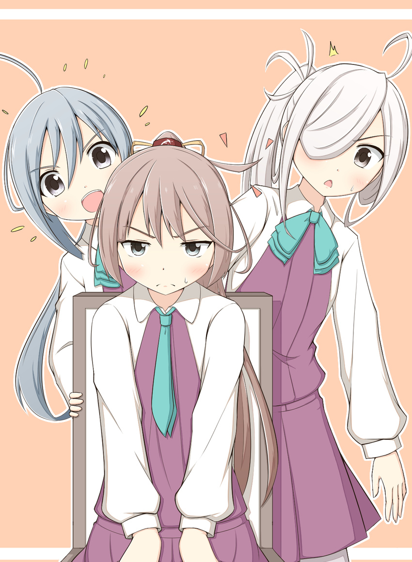 1koma 3girls ahoge aqua_neckwear asashimo_(kantai_collection) ascot bangs blouse blue_eyes blush brown_hair comic commentary dress eyebrows_visible_through_hair frown goma_(yoku_yatta_hou_jane) grey_eyes grey_hair hair_between_eyes hair_over_one_eye hair_ribbon highres kantai_collection kazagumo_(kantai_collection) kiyoshimo_(kantai_collection) multiple_girls necktie outline pantyhose pleated_dress ponytail ribbon simple_background sitting sleeveless sleeveless_dress swept_bangs white_outline