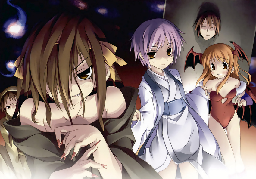 asahina_mikuru brown_eyes brown_hair cosplay cross demon dress fang group halloween headband kantoku koizumi_itsuki kyon long_hair male nagato_yuki orange_hair photoshop purple_hair scan short_hair suzumiya_haruhi suzumiya_haruhi_no_yuutsu