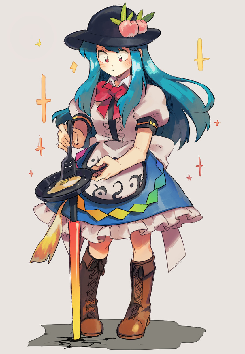 akiyoku black_hat blue_hair blue_skirt boots brown_footwear commentary cooking crack cross-laced_footwear egg focused food frilled_shirt frilled_skirt frills fruit frying_pan hat hat_leaf highres hinanawi_tenshi long_hair mundane_utility peach planted_sword planted_weapon puffy_short_sleeves puffy_sleeves red_eyes shirt short_sleeves sidelocks silver_background skirt solo sparkle spatula sword sword_of_hisou touhou weapon white_shirt wing_collar