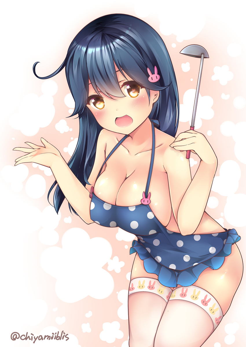 adapted_costume animal_print apron black_hair blush breasts brown_eyes bunny_hair_ornament bunny_print chiyami hair_ornament hairclip heart heart-shaped_pupils highres kantai_collection ladle large_breasts long_hair naked_apron open_mouth polka_dot polka_dot_apron solo symbol-shaped_pupils thighhighs ushio_(kantai_collection)