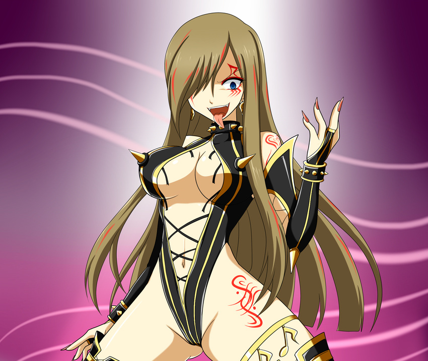 1girl alternate_costume artist_request ass bare_shoulders blue_eyes breasts bridal_gauntlets brown_hair constricted_pupils corruption dark_persona earrings evil_smile fangs fingernails hair_over_one_eye jewelry large_breasts leotard long_fingernails long_hair long_tongue looking_at_viewer musical_note open_mouth sharp_fingernails shiny shiny_clothes shiny_hair shiny_skin smile solo spikes succubus tales_of_(series) tales_of_the_abyss tattoo tear_grants thighhighs thong_leotard tongue tongue_out very_long_hair