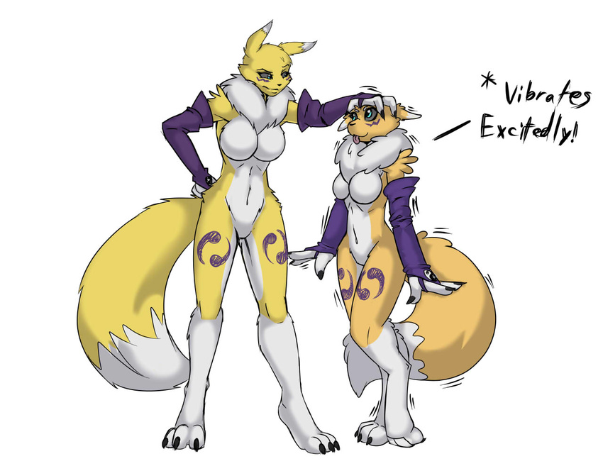 ajvulpes blue_eyes breasts digimon female fluffy fluffy_tail fur multicolored_fur nude renamon simple_background smile tongue tongue_out two_tone_fur white_background white_fur yellow_fur