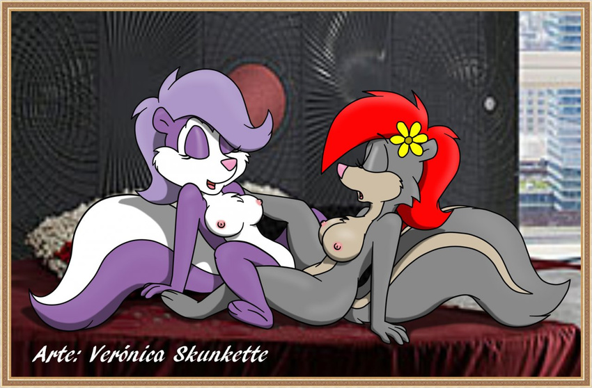 2014 anthro bed breasts duo eyes_closed female female/female fifi_la_fume flower fluffy fluffy_tail fur hair mammal nipples nude open_mouth paws plant purple_hair red_hair sex sitting skunk smile spread_legs spreading tiny_toon_adventures tongue tribadism veronica_skunkette veronicaskunkette warner_brothers