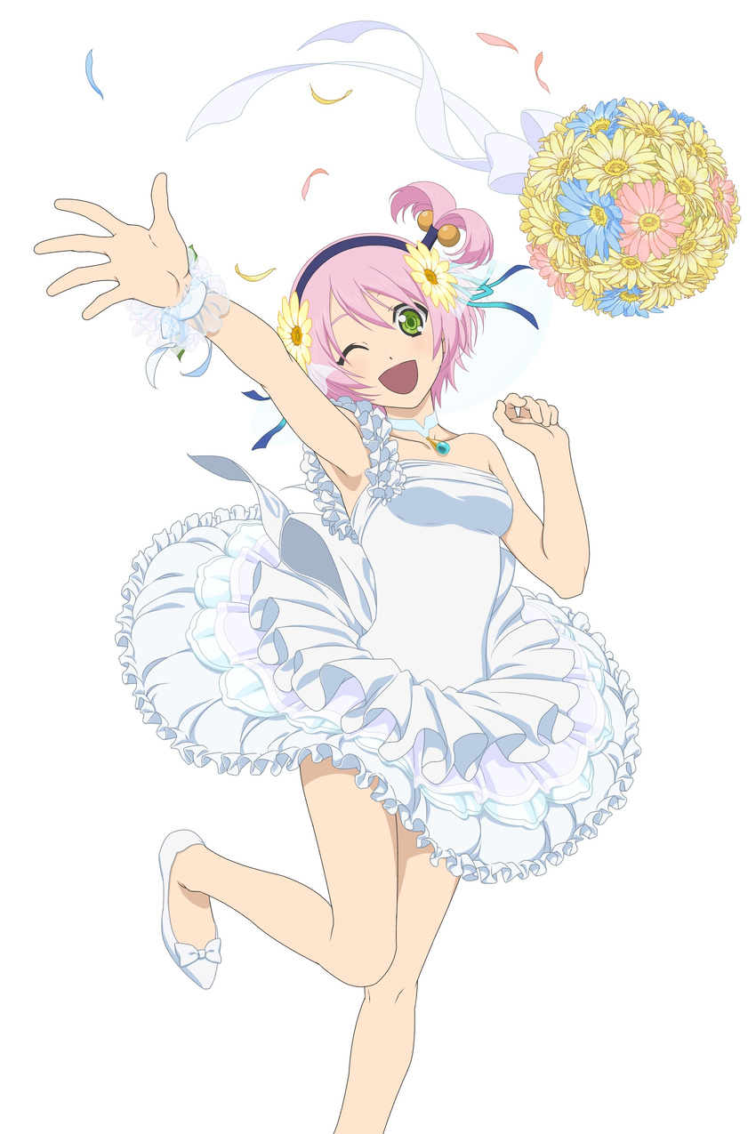 absurdres bouquet choker dress flower hair_flower hair_ornament hairband highres kanonno_earhart leg_lift official_art one_eye_closed outstretched_arm outstretched_hand petals pink_hair short_hair simple_background solo tales_of_(series) tales_of_link tales_of_the_world_radiant_mythology_2 tossing very_short_hair white_background wristband