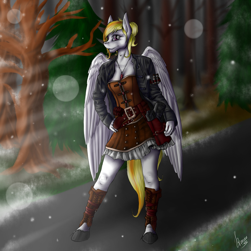 anthro clothing corset equine gun horse jacket lingerie looking_at_viewer mammal my_little_pony pegasus pony pose ranged_weapon skirt solo steampunk stirren weapon wings