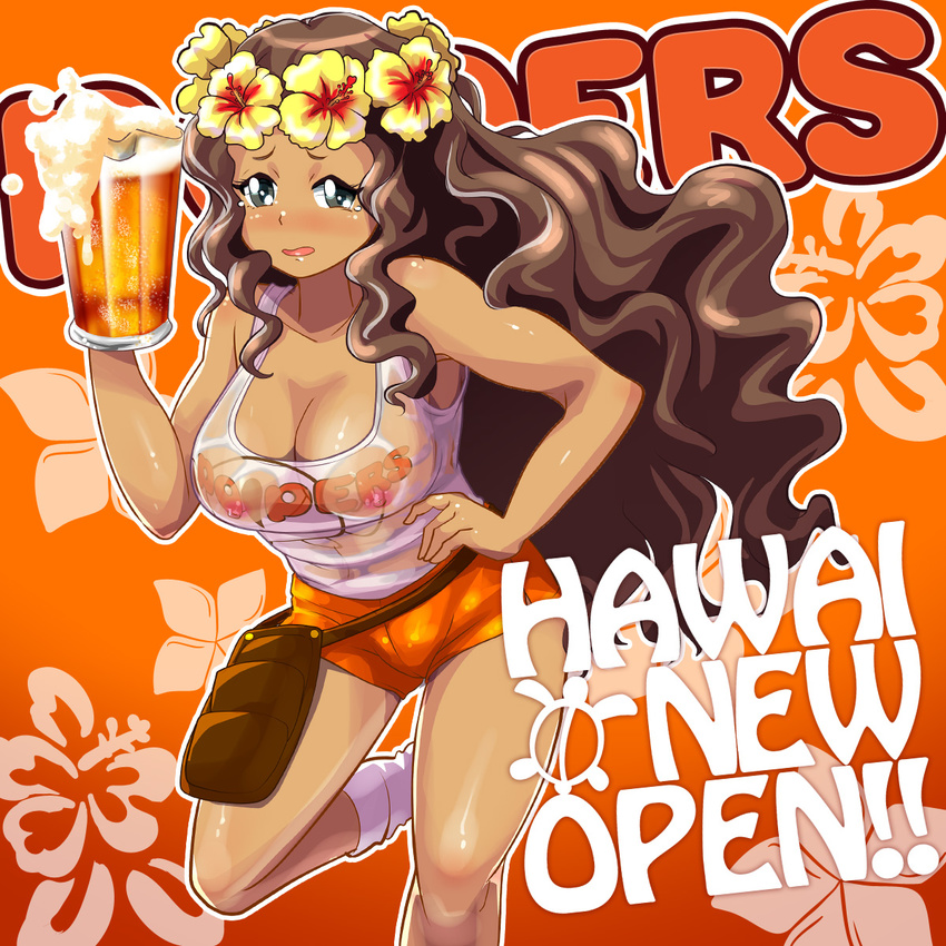 alcohol beer beer_mug black_eyes blush breasts brown_hair cleavage collarbone cup dark_skin drinking_glass flower hand_on_hip head_wreath hibiscus highres holding holding_cup hooters large_breasts long_hair maruroo_(pop'n_music) mug nipples no_bra no_legwear open_mouth osamu_yagi pop'n_music see-through shorts solo tears wet wet_clothes