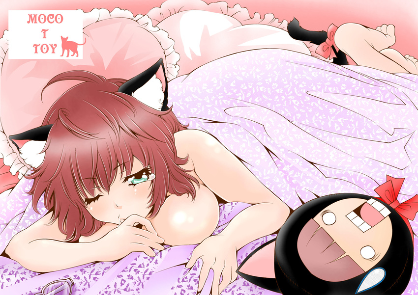 absurdres animal_ears artist_name barefoot bed_sheet bow breasts brown_hat cat cat_ears cat_tail drooling eyewear_removed frilled_pillow frills glasses green_eyes hat heart heart_pillow highres large_breasts lying mocottoy naked_sheet nude o_o on_bed on_stomach original pillow pink_background red_bow saliva silhouette sweatdrop tail tail_bow tears watermark