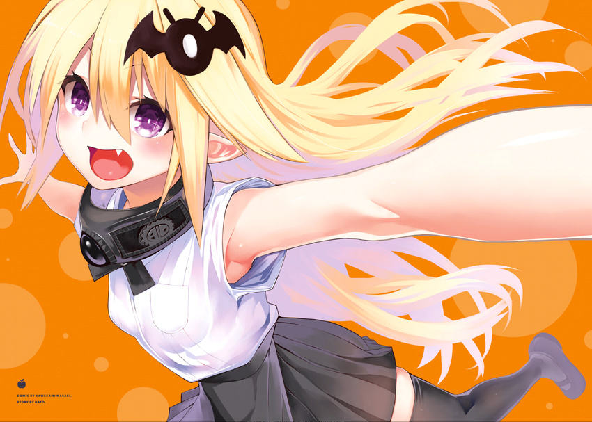 1girl :d amon_patricia armpit_peek armpits bangs bare_shoulders bat_hair_ornament black_collar black_footwear black_ribbon black_skirt blonde_hair breast_pocket breasts collar eyebrows_visible_through_hair fang floor_ni_maou_ga_imasu hair_between_eyes hair_ornament hands_up highres kawakami_masaki long_hair looking_at_viewer mary_janes miniskirt neck_ribbon open_mouth orange_background outstretched_arms pocket pointy_ears purple_eyes ribbon scan shirt shoes simple_background skindentation skirt sleeveless sleeveless_shirt small_breasts smile solo symbol-shaped_pupils thighhighs very_long_hair