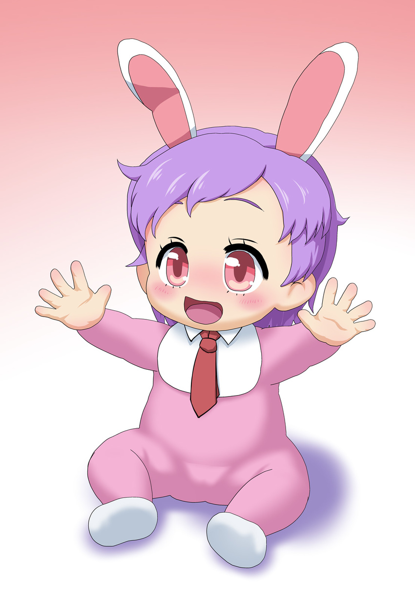 1girl animal_ears blush bunny_ears copyright_request flat_chest full_body gradient gradient_background mion_orz open_mouth pink_eyes pink_hair sitting solo tie toddler