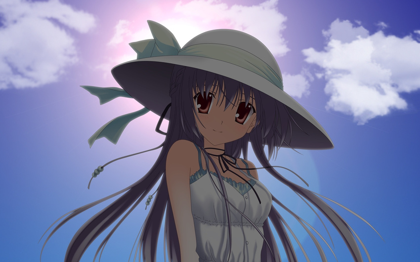 black_ribbon brown_eyes brown_hair choker cloud collarbone day dress hat highres long_hair looking_at_viewer nanao_naru original ribbon ribbon_choker sky smile solo sundress upper_body white_dress