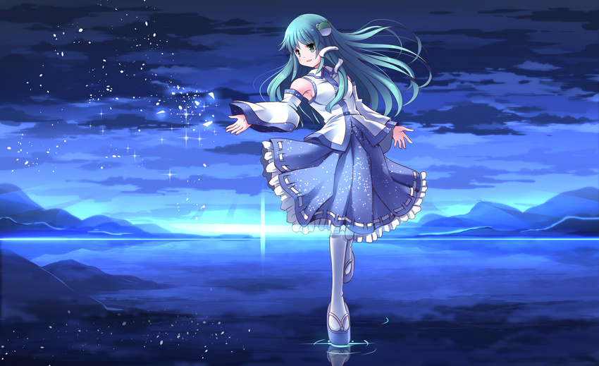 aqua_hair armpits bare_shoulders blue_skirt breasts commentary_request detached_sleeves frilled_skirt frills frog_hair_ornament full_body geta green_eyes hair_ornament highres horizon japanese_clothes kochiya_sanae lake long_hair long_sleeves looking_away medium_breasts miko parted_lips risutaru scenery shirt skirt smile snake_hair_ornament solo sparkle standing standing_on_liquid touhou white_legwear white_shirt wide_sleeves