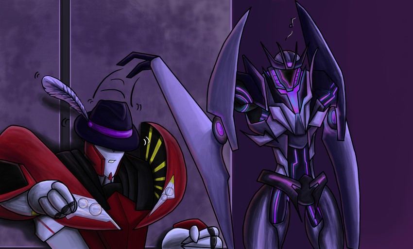 ambiguous_gender angry blind decepticon duo feathers hat humor knock_out_(transformer) lonemaximal machine music musical_note robot slim soundwave transformers transformers_prime