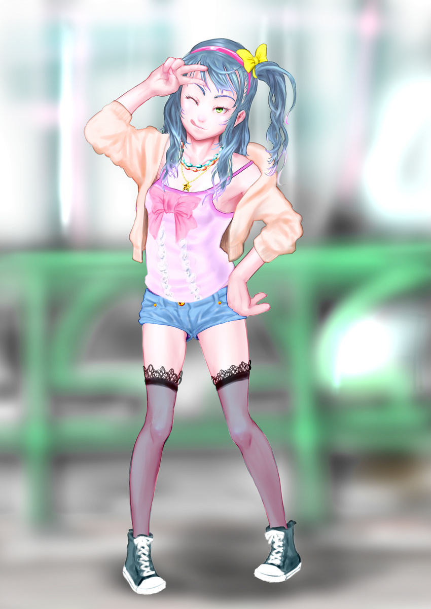 1girl ;p bare_shoulders blush bow child female full_body hair_bow hair_ornament hatsutonegitoro jacket jewelry long_sleeves looking_at_viewer necklace one_eye_closed original shiny shiny_skin shoes short_shorts side_ponytail solo standing tanktop tongue tongue_out v