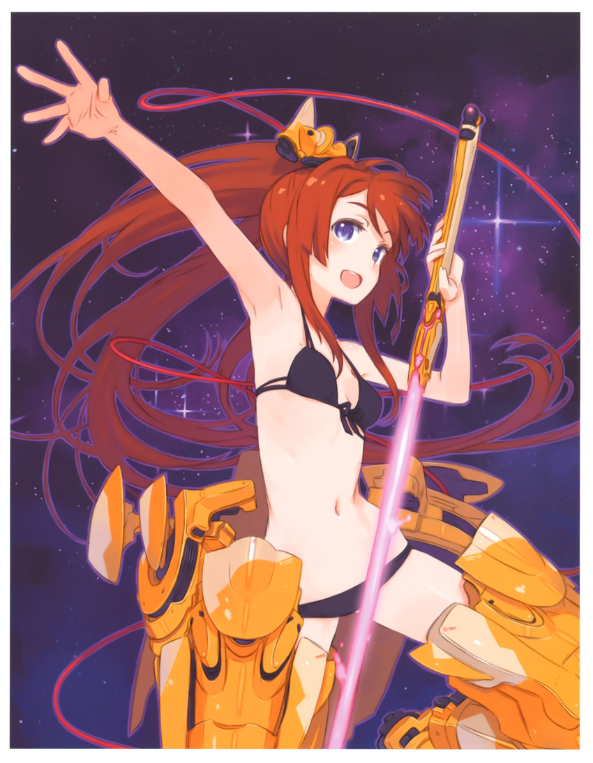 absurdres arm_up armor armored_boots armpits bare_shoulders bikini black_bikini blue_eyes boots breasts brown_hair cleavage energy_blade energy_sword floating_hair front-tie_top hair_ornament halter_top halterneck highres holding holding_sword holding_weapon kuroboshi_kouhaku long_hair lowleg lowleg_bikini million_arthur_(series) navel open_mouth outline ponytail red_hair scan small_breasts smile solo space strap_gap swimsuit sword very_long_hair weapon wire