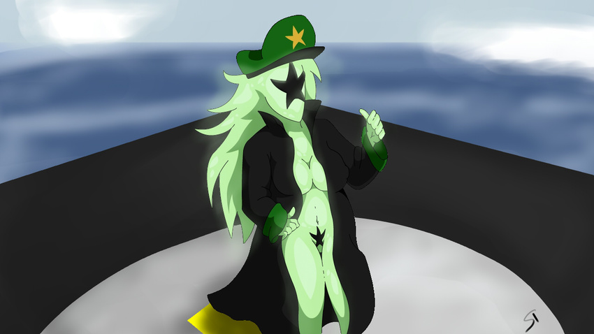 2016 big_breasts breasts clothing digital_media_(artwork) female green_skin hair hat humanoid jacket long_hair mrs_bartender novakid nude outside pussy simple_background simplistic_background sky solo standing standing_tough star starbound trenchcoat video_games