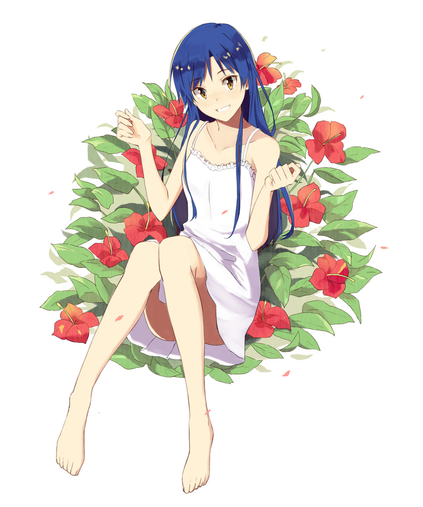 barefoot blue_hair brown_eyes collarbone dress flower full_body grin hibiscus highres idolmaster idolmaster_(classic) kisaragi_chihaya long_hair red_flower simple_background smile solo sundress teru_(grafroller) white_background white_dress