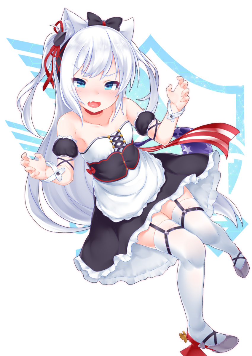 1girl american_flag american_flag_print animal_ears apron azur_lane black_bow black_dress blue_eyes blush bow breasts cat_ears cat_girl cat_hair_ornament choker collarbone commentary_request detached_sleeves dress eyebrows_visible_through_hair fang flag_print floating_hair frilled_apron frilled_dress frills frown full_body garter_straps grey_footwear hair_bow hair_ornament hammann_(azur_lane) highres kirisame_mia long_hair neckerchief one_side_up open_mouth puffy_short_sleeves puffy_sleeves red_choker red_ribbon remodel_(azur_lane) ribbon rudder_footwear short_sleeves silver_hair simple_background small_breasts solo strapless strapless_dress thighhighs waist_apron white_apron white_background wrist_cuffs