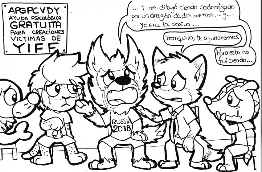 armadillo black_and_white canine clothed clothing crying dialogue disney feline fifa fox front_view fuleco fully_clothed group jordanfrechet leopard line_art male mammal marine mascot monochrome nick_wilde nintendo pinniped pok&eacute;mon popplio shirt shorts sitting speech_bubble t-shirt tears video_games wolf zabivaka zakumi zootopia