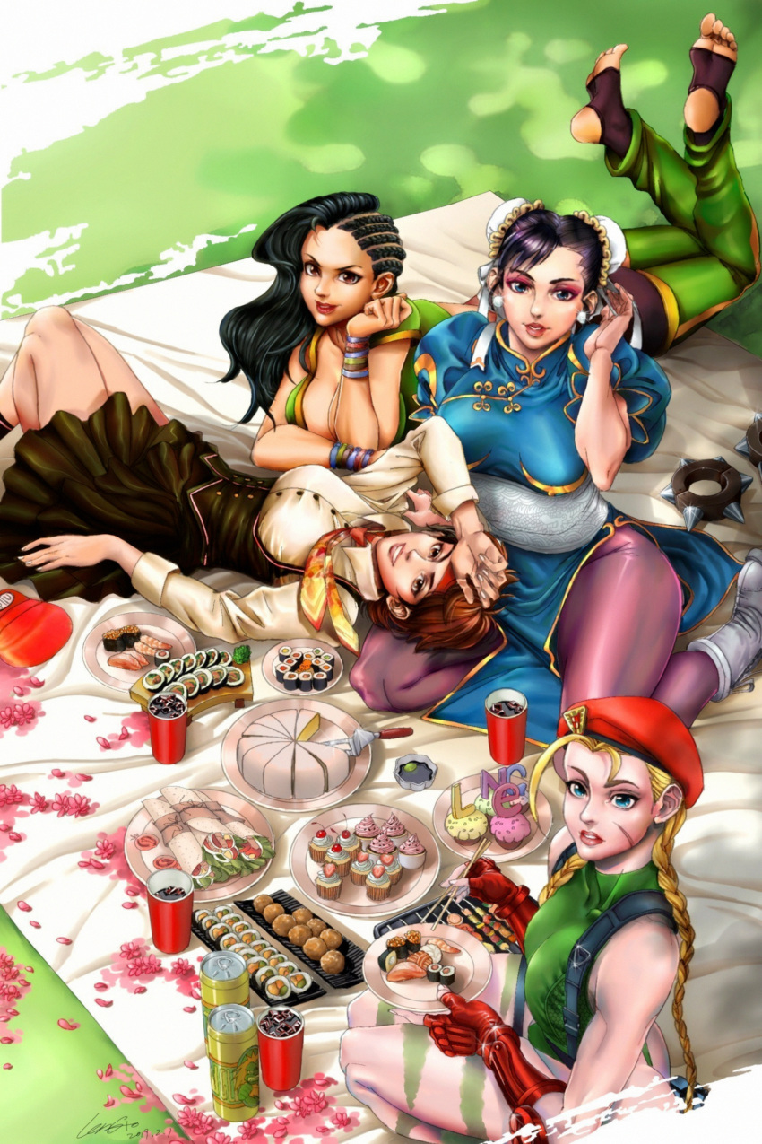 4girls absurdres alternate_costume antenna_hair asymmetrical_hair beer_can biceps black_hair blonde_hair blue_dress blue_eyes bracelet braid breasts brown_hair cake cammy_white can capcom cherry_blossoms chin_rest china_dress chinese_clothes chopsticks chun-li cleavage commentary_request cornrows cupcake dark_skin day dress earrings eyeshadow feet fingerless_gloves food gloves graphite_(medium) group_picture gtolin_chang headband highres jewelry kasugano_sakura lap_pillow large_breasts laura_matsuda legs_up long_hair looking_at_viewer lying makeup multiple_girls on_back on_stomach outdoors petals puffy_short_sleeves puffy_sleeves purple_legwear red_headband sash scar short_hair short_sleeves small_breasts soles street_fighter street_fighter_v sushi takoyaki the_pose thick_thighs thighs toeless_legwear toes toned traditional_media twin_braids uniform very_dark_skin