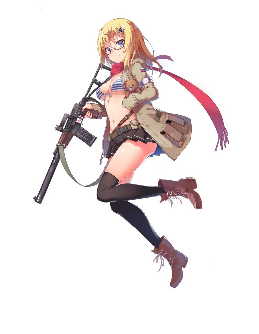 ahoge ankle_boots as_val as_val_(girls_frontline) assault_rifle belt bikini black_legwear black_skirt blonde_hair blue_bikini boots breasts brown_footwear cleavage coat cross-laced_footwear fangdan_runiu from_side front-tie_top full_body girls_frontline glasses gun hair_ornament hairclip highres holding holding_gun holding_weapon long_sleeves looking_at_viewer looking_to_the_side medium_breasts miniskirt navel over-kneehighs pleated_skirt pocket red-framed_eyewear red_scarf rifle russian_flag scarf semi-rimless_eyewear shiny shiny_skin short_hair skirt sleeves_past_wrists solo stomach strap_gap string_bikini striped_bikini_top stuffed_animal stuffed_toy swimsuit teddy_bear thighhighs thighs transparent_background trigger_discipline under-rim_eyewear walking weapon