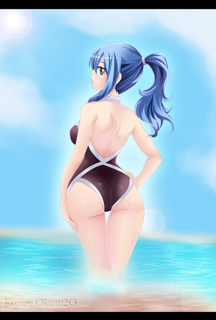 ass bad_id bad_pixiv_id bikini black blue_hair eyes fairy_tail highres juvia_lockser kozureokami20 self_upload skirt solo swimsuit water