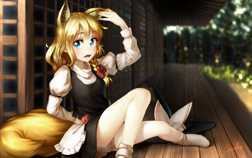 animal_ears apron architecture arm_garter black_skirt black_vest blonde_hair bloomers blurry blush bobby_socks bow braid commentary depth_of_field east_asian_architecture fang fox_ears fox_tail from_side hair_bow hat hat_bow hat_removed headwear_removed juliet_sleeves kemonomimi_mode kirisame_marisa long_hair long_sleeves looking_at_viewer looking_to_the_side open_mouth puffy_sleeves red_bow shirt side_braid signature sitting skirt skirt_set sliding_doors socks solo sweat tail touhou underwear vest waist_apron welt_(kinsei_koutenkyoku) white_bow white_legwear white_shirt witch_hat wooden_floor youkai_fox_(wild_and_horned_hermit)
