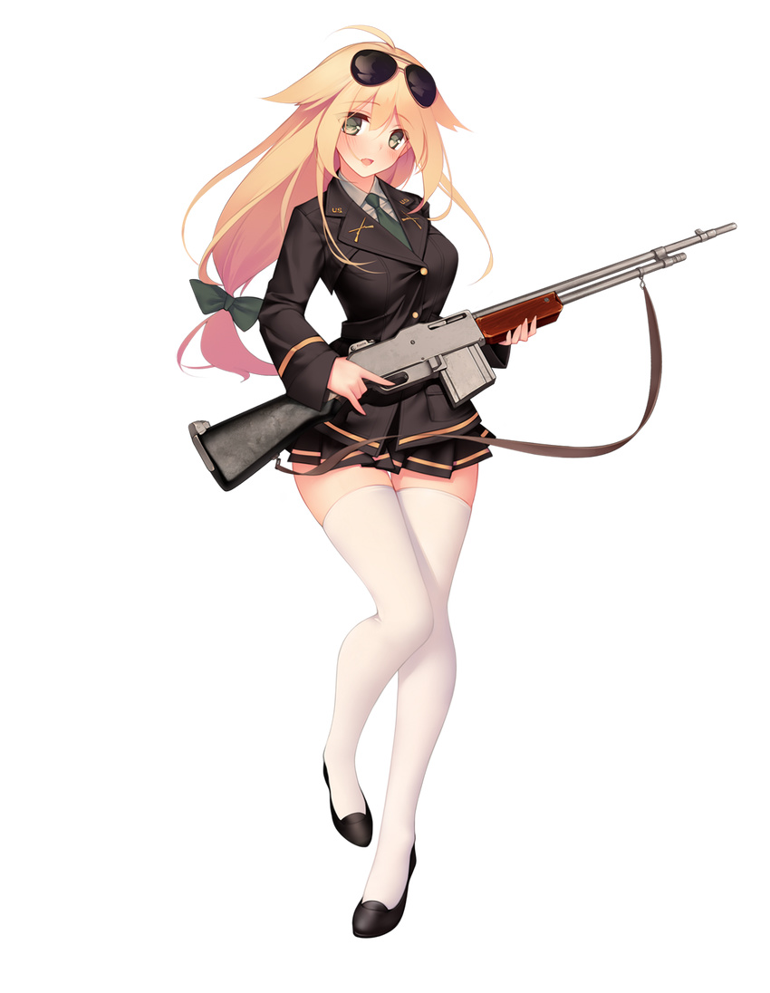 :d ahoge aviator_sunglasses black_coat black_footwear black_jacket black_skirt blonde_hair blush bow breasts buttons collared_shirt eyebrows eyebrows_visible_through_hair eyewear_on_head full_body girls_frontline gold_trim green_bow green_neckwear gun hair_bow highres holding holding_gun holding_weapon ironsights jacket leg_up long_hair long_sleeves looking_at_viewer low-tied_long_hair m1918_bar m1918_bar_(girls_frontline) machine_gun medium_breasts military military_uniform miniskirt necktie official_art open_mouth pleated_skirt rifle shirt shoes skirt sling smile solo standing standing_on_one_leg suisai sunglasses thigh_gap thighhighs transparent_background trigger_discipline uniform very_long_hair weapon white_legwear white_shirt wing_collar yellow_eyes zettai_ryouiki