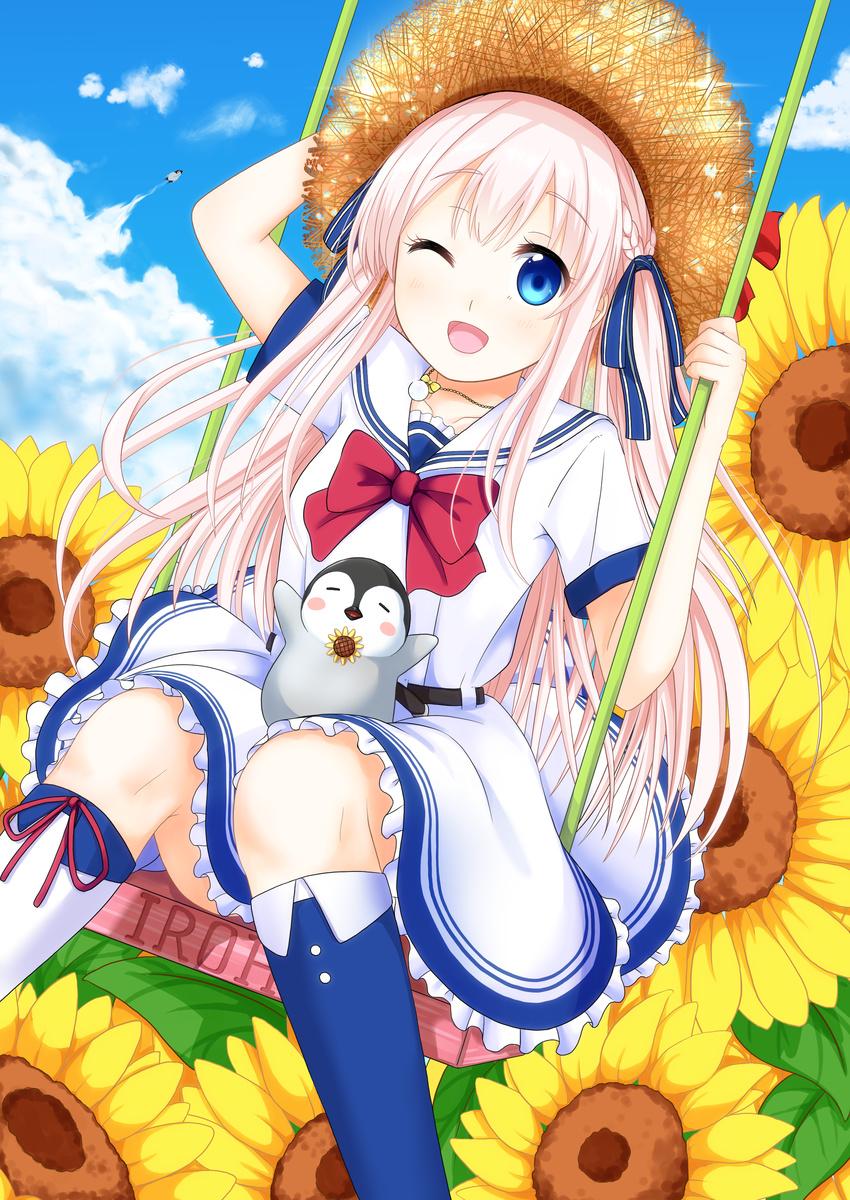 ;d absurdres arm_up belt bird blonde_hair blue_eyes blue_ribbon blush blush_stickers bow braid character_request closed_eyes cloud collarbone copyright_request day dress flower hair_ribbon hat highres kneehighs long_hair mismatched_legwear one_eye_closed open_mouth outdoors outstretched_arms penguin red_bow ribbon sailor_dress short_sleeves sitting sky smile sparkle standing straw_hat sunflower swing tsunamayo_(flying_cat) very_long_hair white_dress