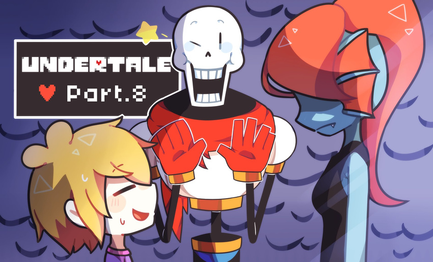 ambiguous_gender anthro bone clothed clothing digital_media_(artwork) english_text female fish hair human lizard male mammal marine mi_lunuo_sterling monster papyrus_(undertale) protagonist_(undertale) red_hair reptile scalie scarf skeleton smile text undead underground undertale undyne video_games