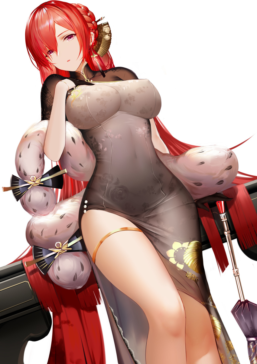 1girl absurdres alternate_costume azur_lane backless_outfit bangs black_dress black_gloves blush bracelet braid breasts cannon china_dress chinese_clothes cleavage covered_navel crown_braid dress dutch_angle earrings erect_nipples gloves gold_footwear gold_trim hair_between_eyes hair_bun hair_ornament half_gloves hand_up higandgk highres indoors jewelry large_breasts leaning light_particles long_hair looking_at_viewer monarch_(azur_lane) new_year open_mouth oriental_umbrella red_hair shawl sidelocks simple_background solo standing table taut_clothes taut_dress thigh_strap thighs umbrella very_long_hair white_background