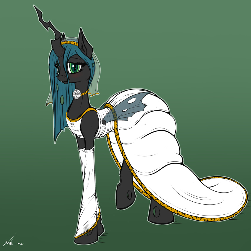 2016 blue_hair blush changeling clothed clothing dress eyelashes fangs female feral friendship_is_magic gradient_background green_eyes hair hi_res hole_(anatomy) horn insect_wings long_hair looking_at_viewer my_little_pony neko-me queen_chrysalis_(mlp) simple_background smile solo wedding_dress wings
