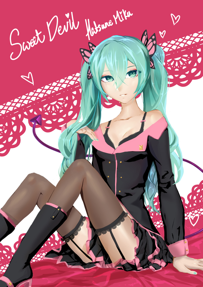 absurdres bare_shoulders black_footwear boots breasts butterfly_hair_ornament cleavage collarbone commentary demon_tail edwin-kun eyelashes frilled_skirt frills green_eyes green_hair hair_between_eyes hair_ornament hatsune_miku heart high_heel_boots high_heels highres honey_whip_(module) knees_up lace lace-trimmed_thighhighs long_hair looking_at_viewer makeup pale_skin parted_lips project_diva_(series) shiny shiny_hair shiny_skin simple_background sitting skirt small_breasts solo sweet_devil_(vocaloid) tail teeth text_focus thighhighs twintails vocaloid