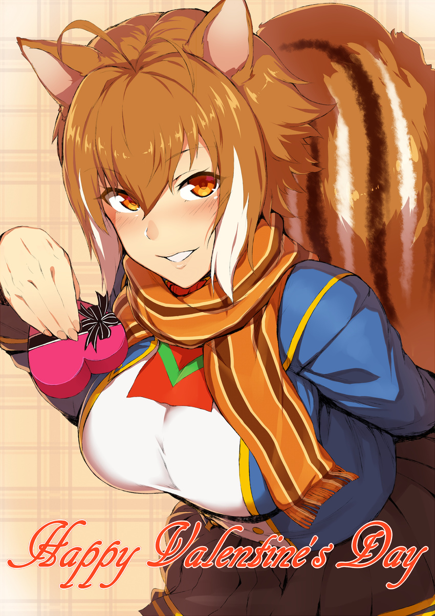 absurdres animal_ears antenna_hair blazblue blush box breasts brown_hair happy_valentine heart-shaped_box highres large_breasts leaning_forward makoto_nanaya multicolored_hair orange_eyes purinnssu scarf school_uniform shirt short_hair skirt smile solo squirrel_ears squirrel_tail tail taut_clothes taut_shirt two-tone_hair upper_body valentine