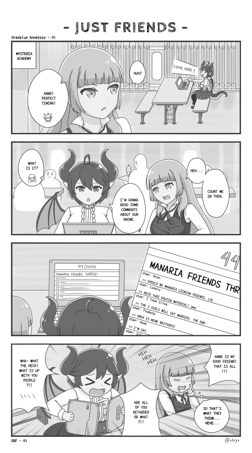 2girls 4koma anne_(shingeki_no_bahamut) comic dragon_girl dragon_horns dragon_tail dragon_wings granblue_fantasy grea_(shingeki_no_bahamut) green_eyes greyscale highres horns long_hair long_sleeves monochrome multiple_girls open_mouth pointy_ears red_eyes shingeki_no_bahamut short_hair stryx tail wings