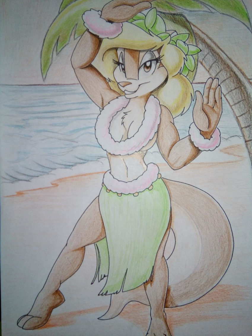 amy_squirrel beach breasts clothed clothing fureverick_(artist) grass_skirt hula_dancer lei mammal navel palm_tree rodent sabrina_online sea seaside squirrel topless tree tropical water