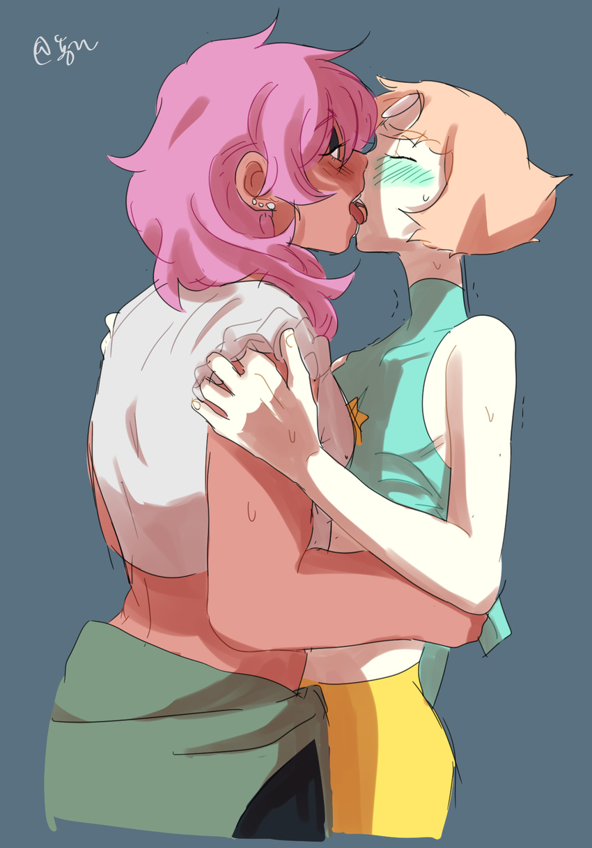 barbell_piercing blush closed_eyes ear_piercing forehead_jewel french_kiss highres kiss midriff multiple_girls mystery_girl_(steven_universe) nyong-choi pale_skin pearl_(steven_universe) piercing pink_hair shirt_lift steven_universe sweat sweatdrop undressing yuri