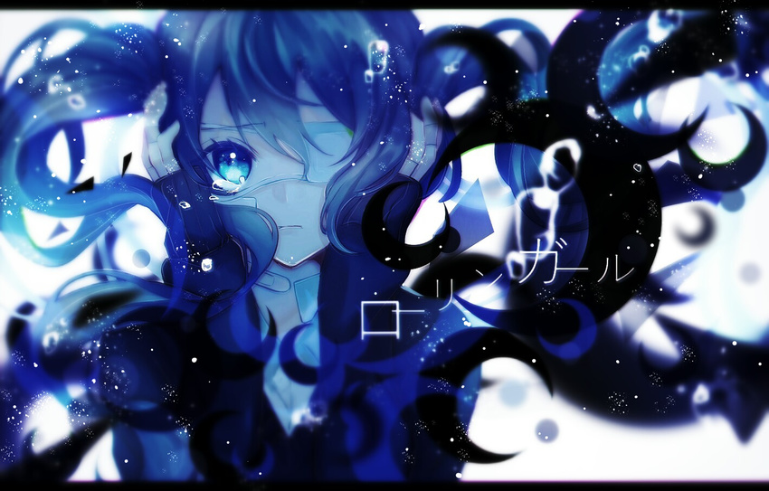 black_gloves blue_eyes blue_hair bubble eyepatch fingerless_gloves floating_hair gloves hatsune_miku long_hair looking_at_viewer rolling_girl_(vocaloid) solo tears twintails ume_neko_(otaku-nyanko) upper_body vocaloid white_background