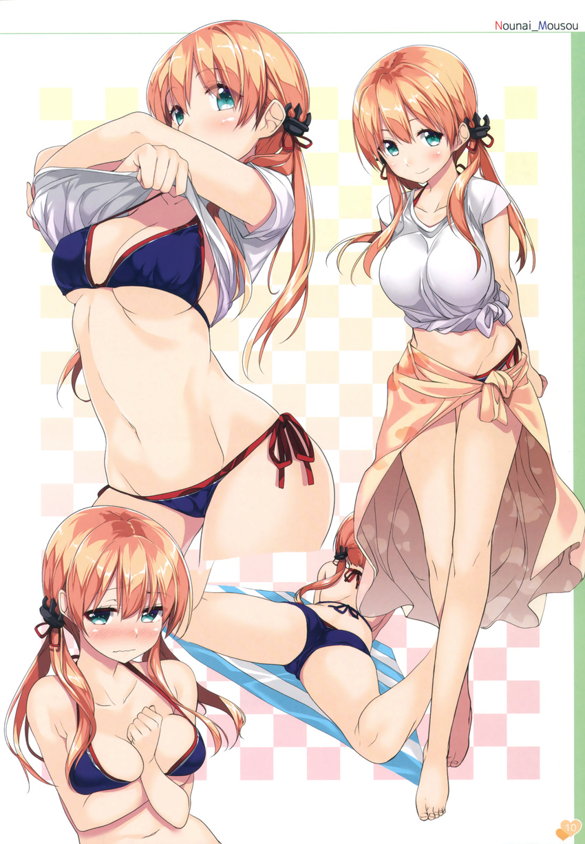 absurdres anchor_hair_ornament armpit_peek arms_behind_back ass barefoot bikini blonde_hair blue_bikini blue_eyes blush breast_hold breasts cleavage contrapposto full_body gintarou_(kurousagi108) hair_ornament hair_over_shoulder hair_ribbon hand_on_own_chest highres kantai_collection leaning_forward looking_at_viewer lying medium_breasts multiple_views navel nose_blush on_stomach prinz_eugen_(kantai_collection) ribbon sarong scan shirt shirt_lift side-tie_bikini smile strap_gap swimsuit tied_shirt twintails underboob undressing wavy_mouth