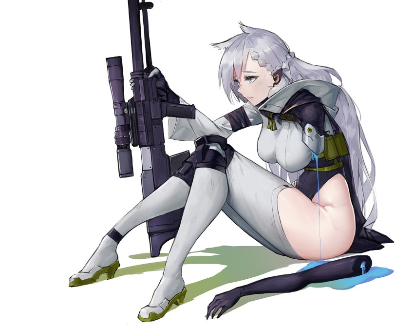 1girl animal_ears blue_eyes breasts commentary disembodied_limb earpiece english_commentary girls_frontline gun high_heels injury jacket knee_pads ksvk_(girls_frontline) ksvk_12.7 large_breasts legs long_hair mechanical_arm pandea_work rifle silver_hair sitting solo thighhighs weapon