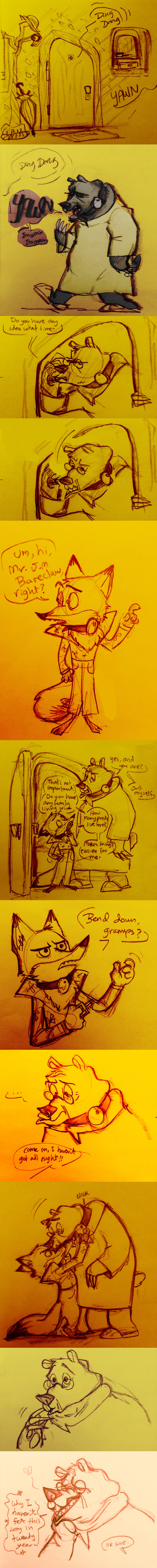 &lt;3 2016 absurd_res anthro bear canine clothing collar comic dialogue disney door duo eyewear fox glasses hat hi_res interior male mammal nick_wilde nicolaswildes_(artist) size_difference speech_bubble superabsurd_res text zistopia zootopia
